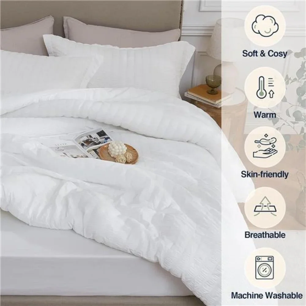 White Queen Comforter Set - 3 Pieces Seersucker Lightweight Bedding Comforter